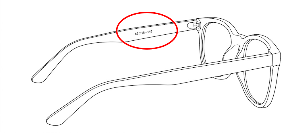 Eyeglasses temple engraving showing lens width, bridge width and temple length