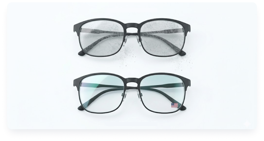 Before and after lens replacement on eyeglass frames